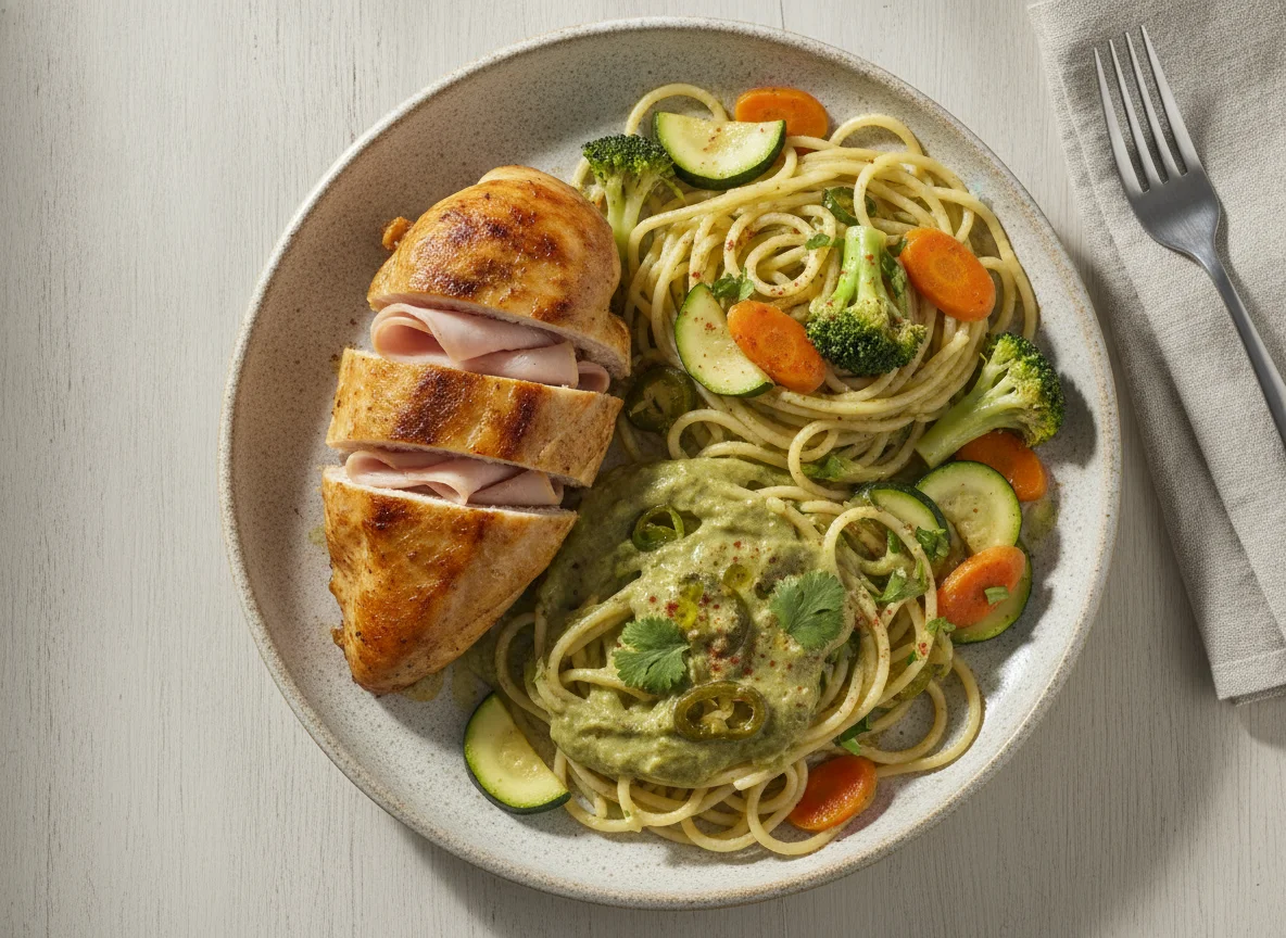 Pechuga de pollo rellena con espagueti y verduras photo