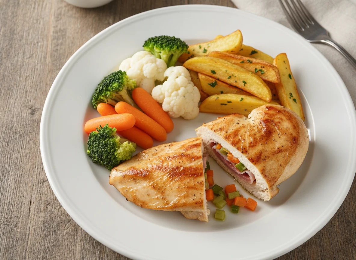 Pechuga de pollo rellena con jamón y verduras al vapor photo