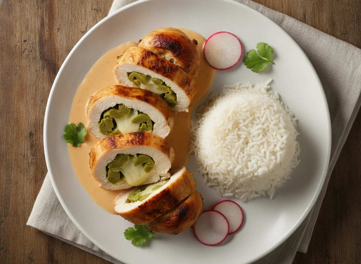 Pechuga de pollo rellena con nopales y queso acompañada de arroz blanco photo