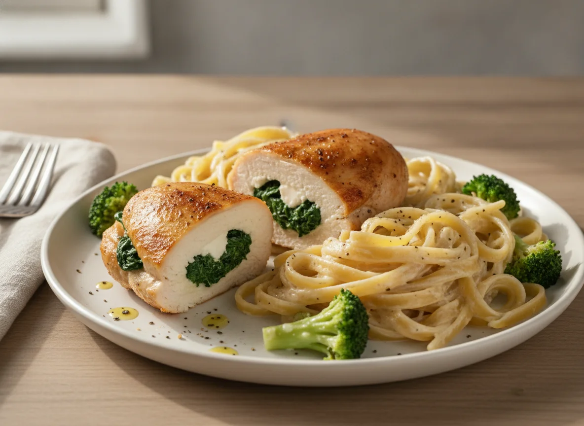 Pechuga de pollo rellena con pasta y brócoli photo