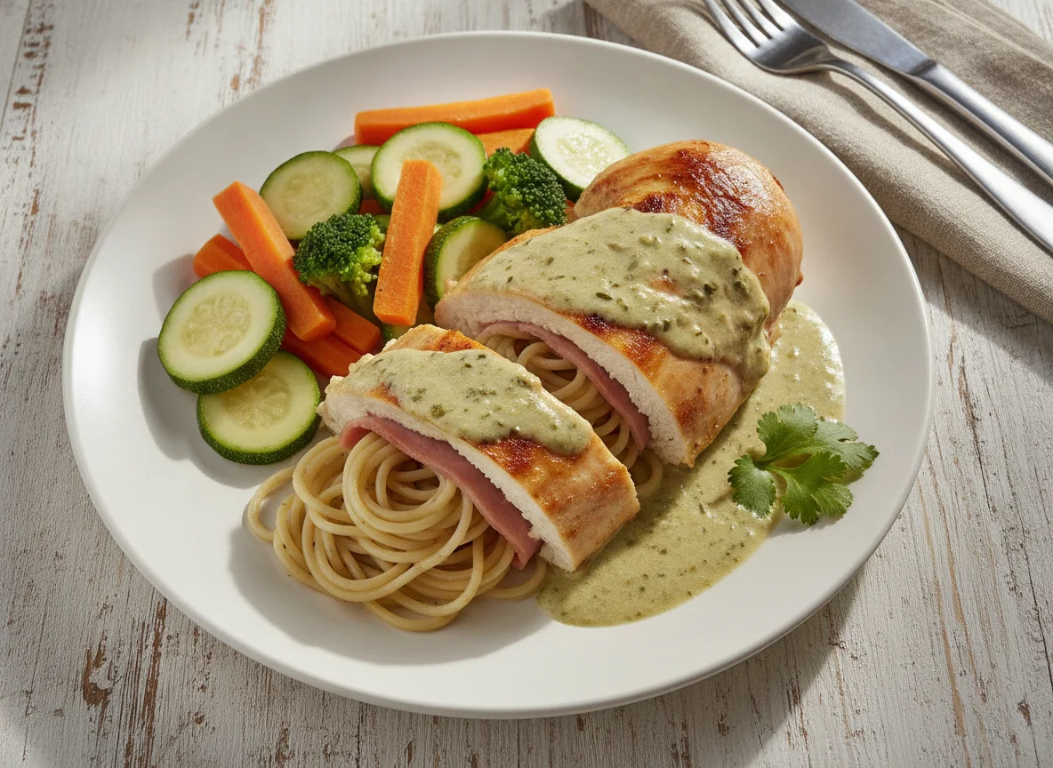 Pechuga de pollo rellena con pasta y verduras al vapor photo