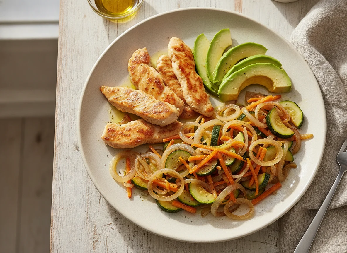 Pechuga de pollo salteada con vegetales y palta photo