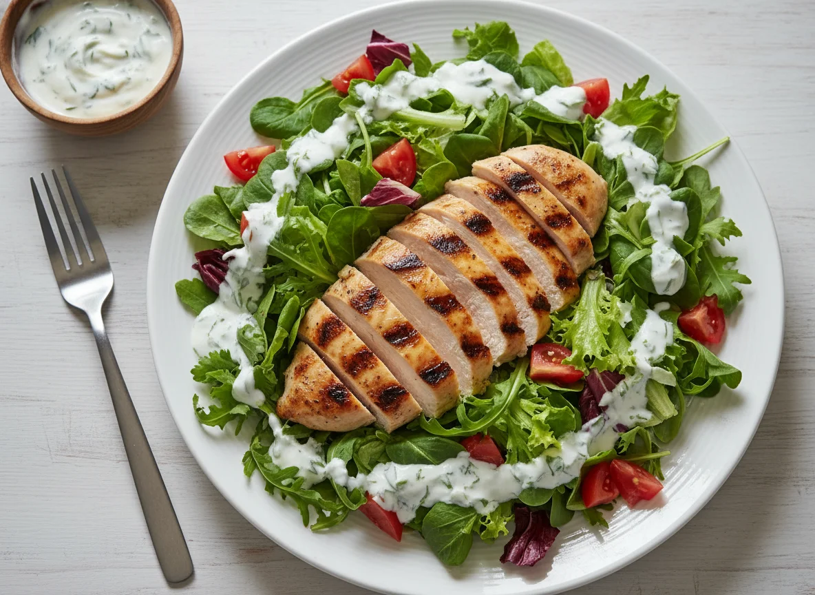 Pechuga de pollo y ensalada con aderezo de yogur photo