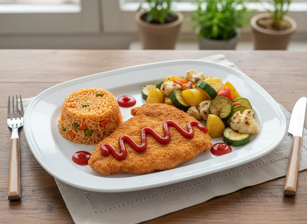 Pechuga empanizada con arroz y verduras photo