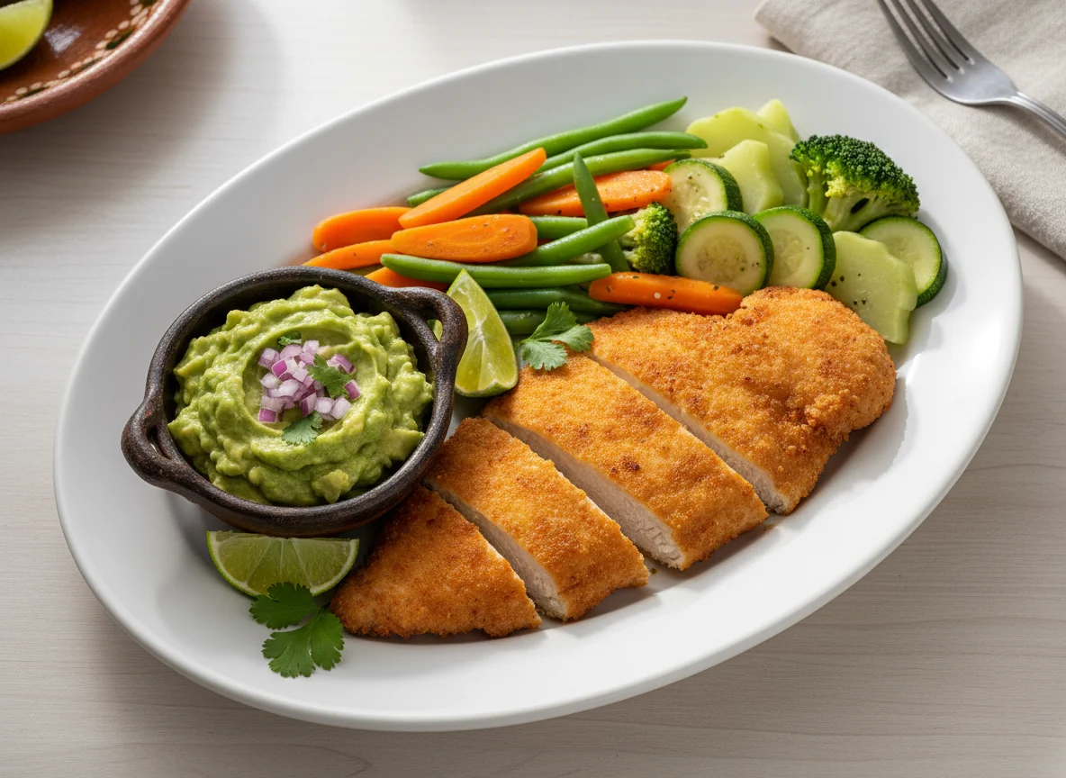 Pechuga empanizada con vegetales y guacamole photo