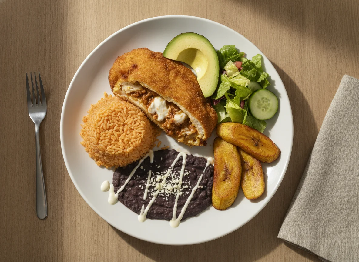 Pechuga rellena con arroz, frijoles y plátanos photo