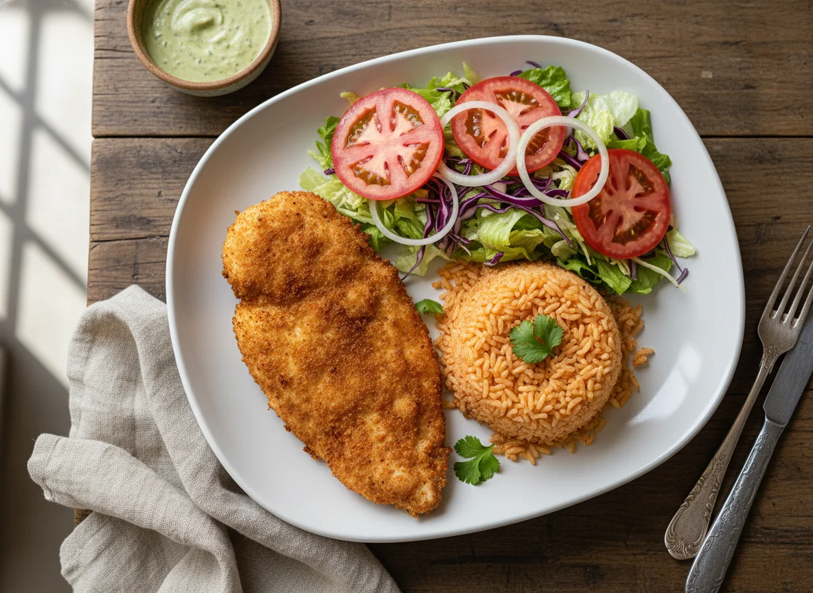 Pechugas de pollo con arroz y ensalada photo
