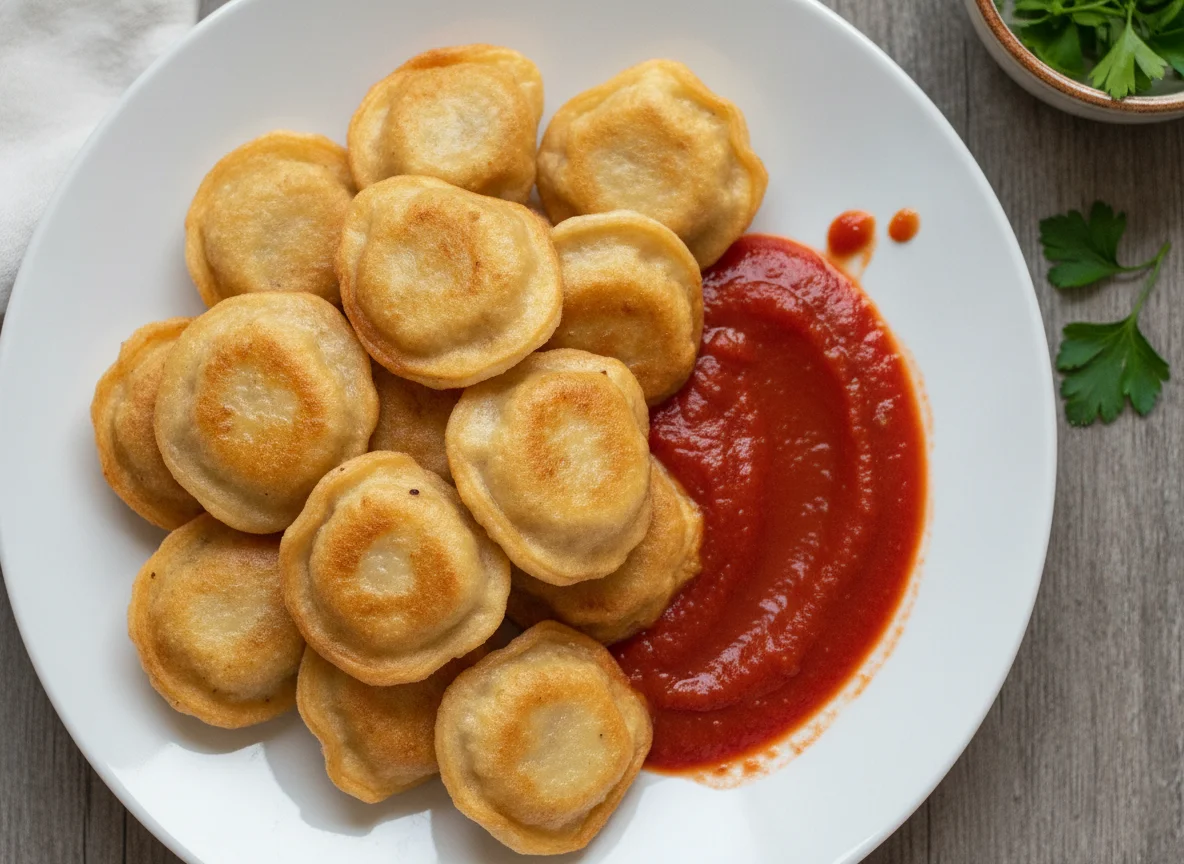 Pelmeni fritos con salsa de tomate photo