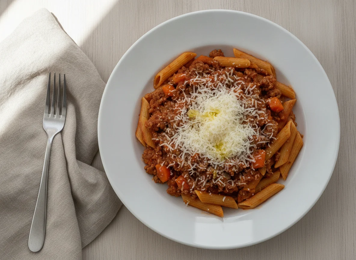 Penne a la boloñesa con queso rallado photo