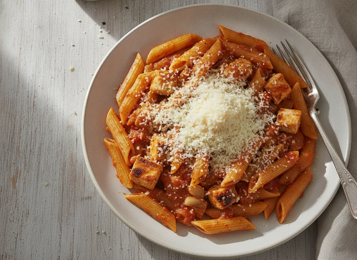 Penne con pollo y queso rallado photo
