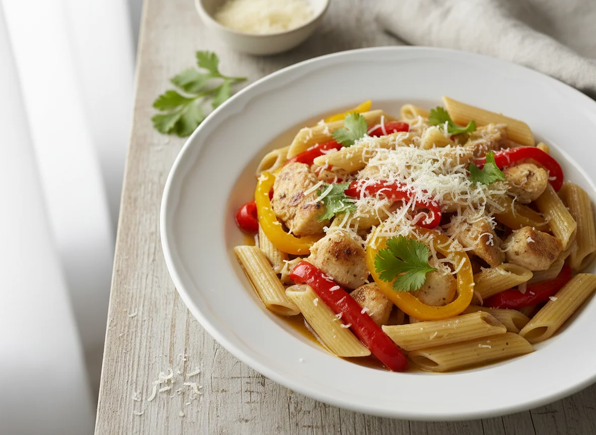 Penne con pollo y vegetales photo