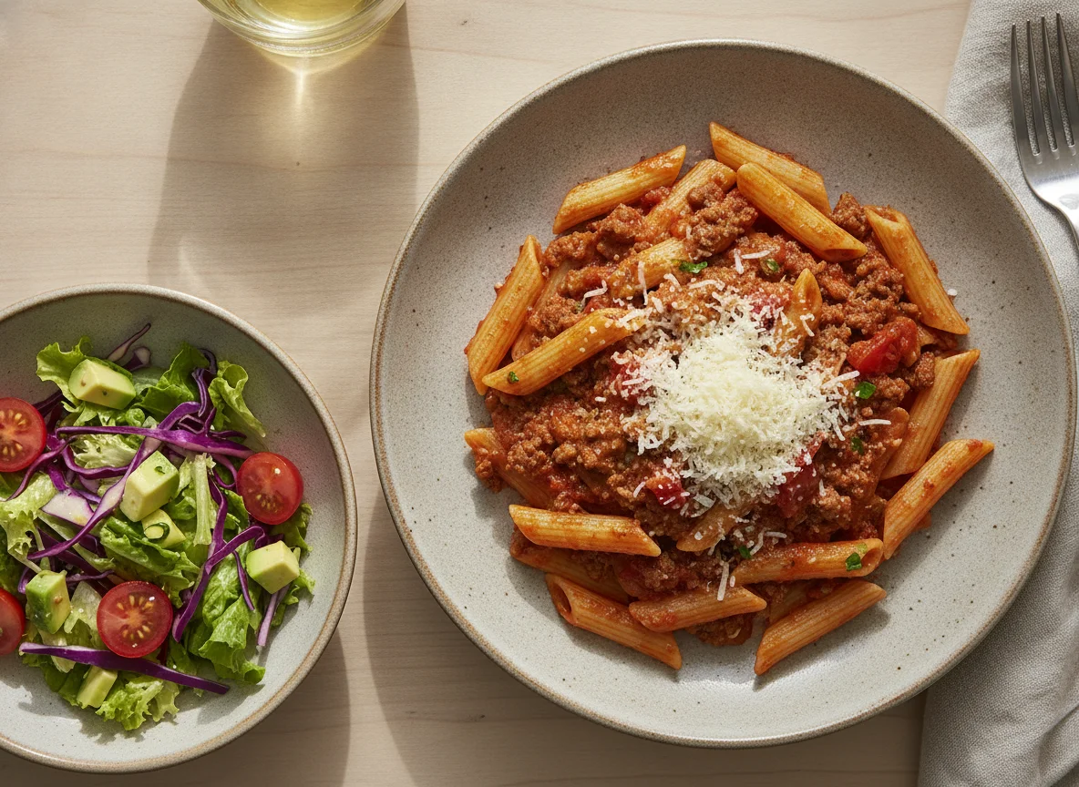 Penne con salsa boloñesa, queso rallado y ensalada mixta photo