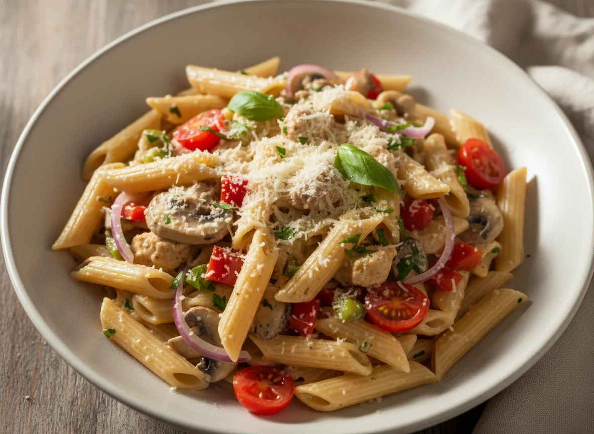 Penne con salsa cremosa y vegetales photo