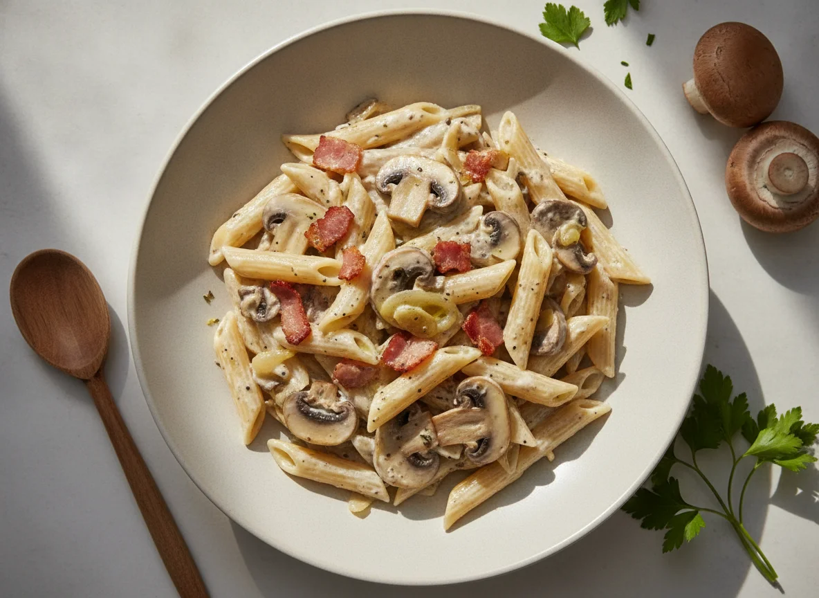 Penne con salsa de champiñones y nata photo