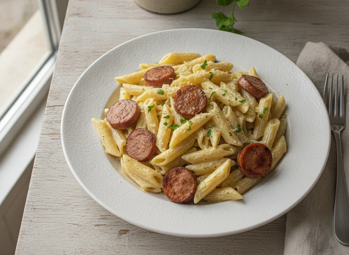 Penne con salsa de nata y salchichas photo