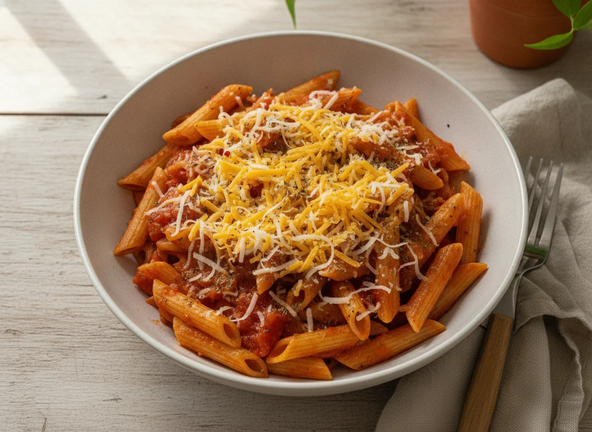 Penne con salsa de tomate y queso rallado photo