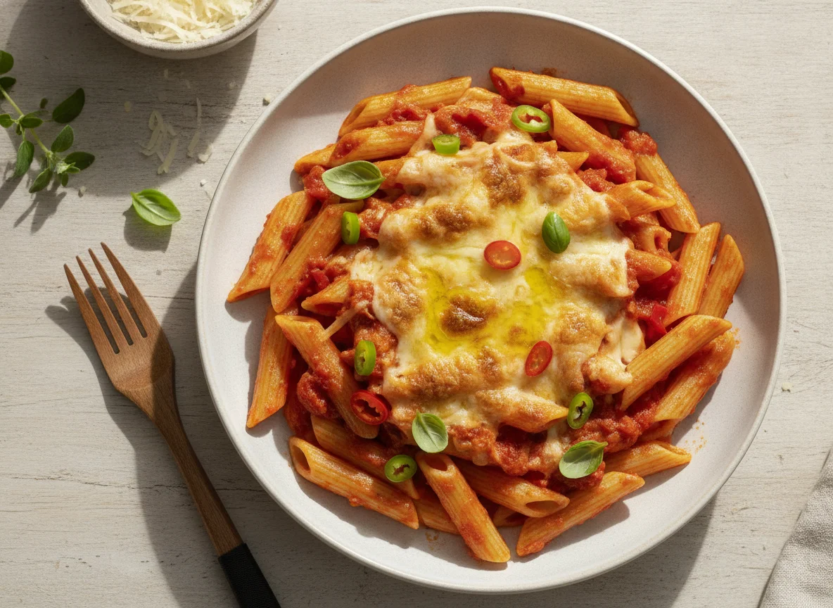 Penne con salsa de tomate y queso photo