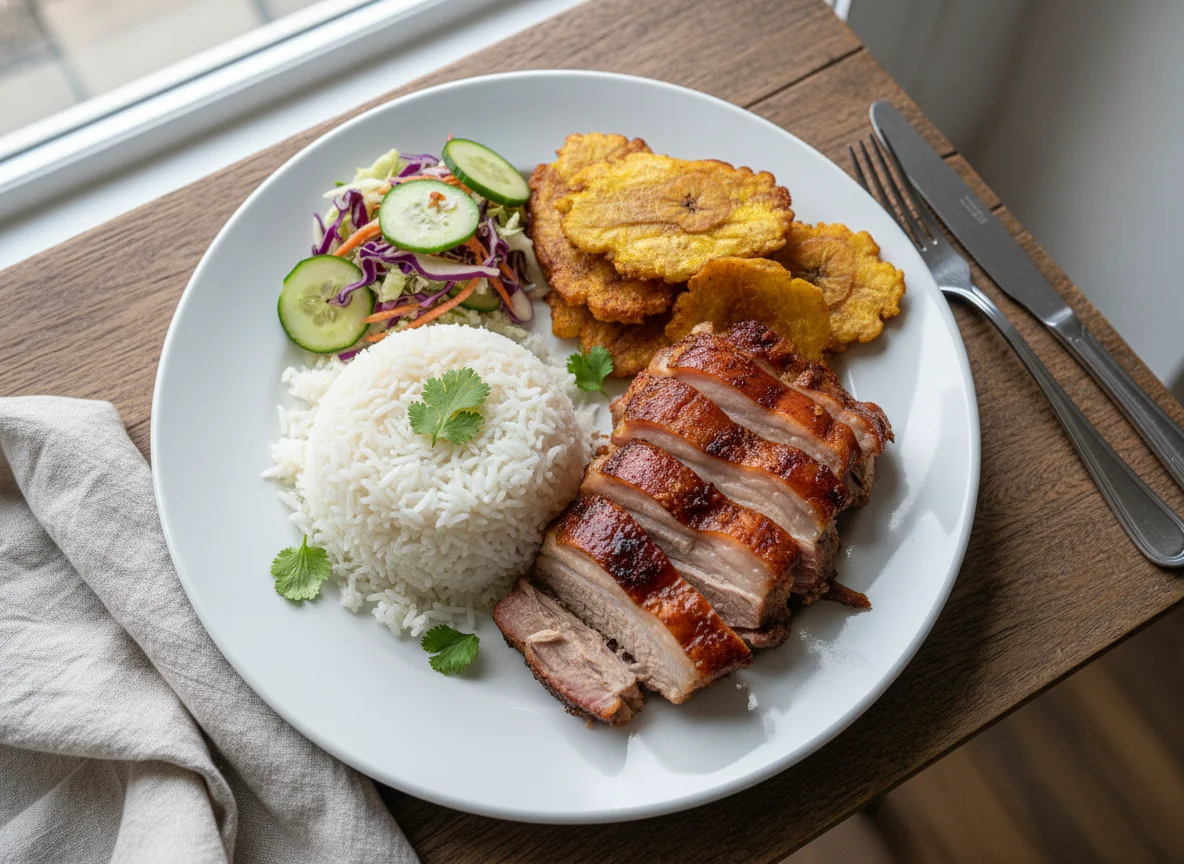 Pernil con arroz y tostones photo