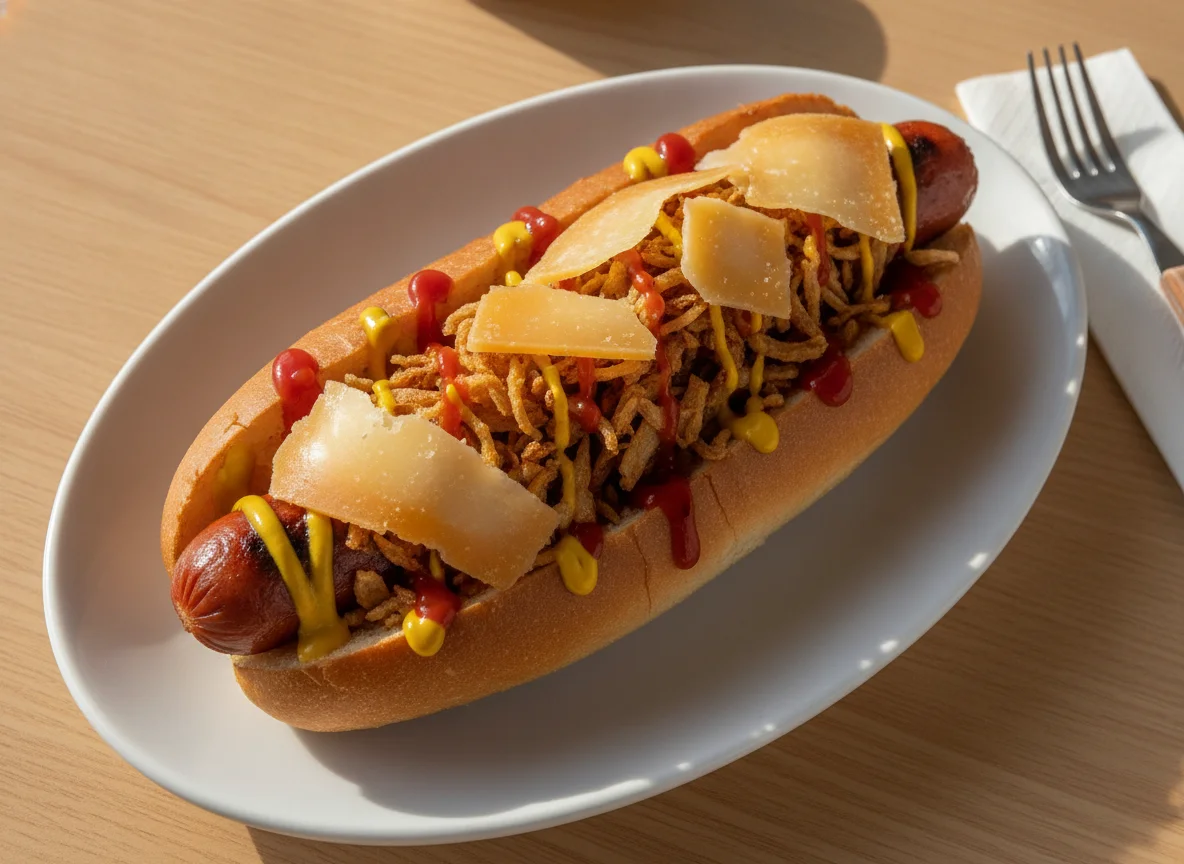 Perrito caliente con cebolla frita y queso curado photo
