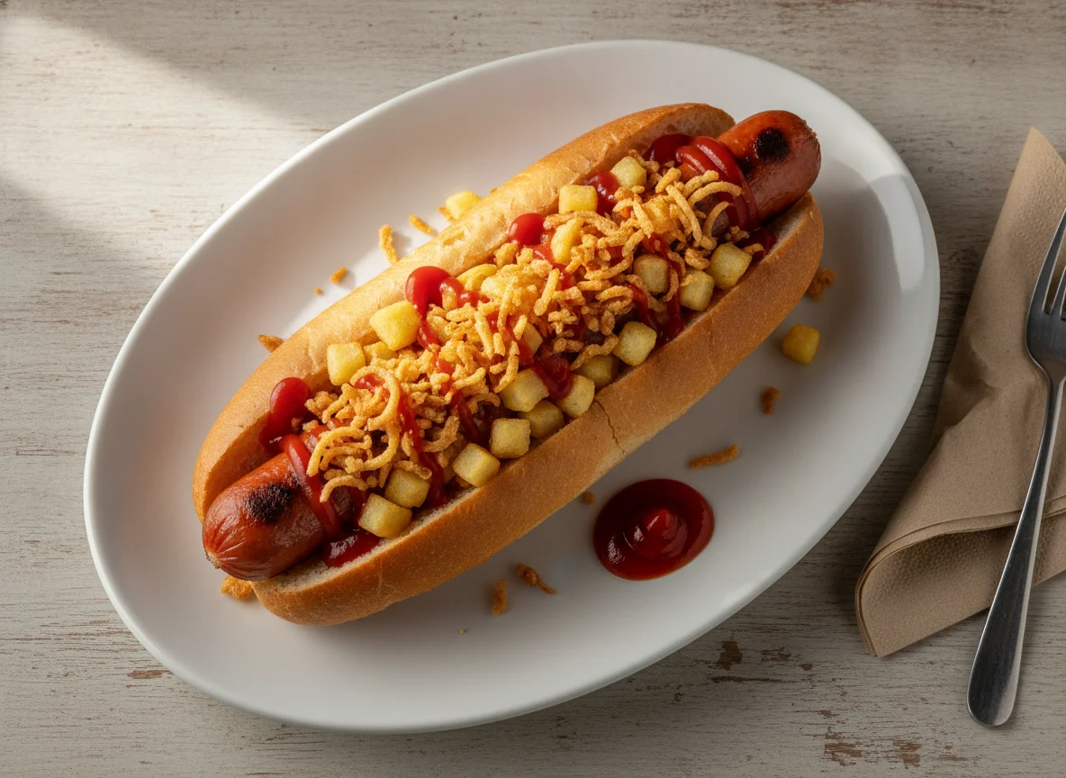 Perrito caliente con patatas fritas y cebolla crujiente photo