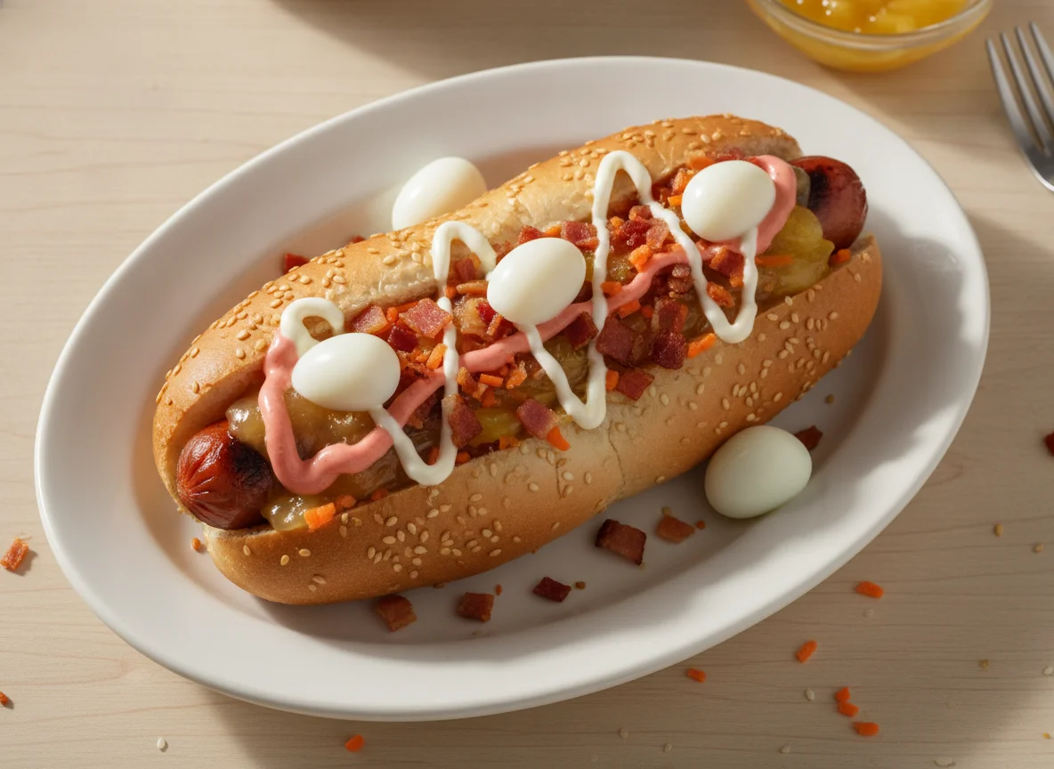 Perro Caliente Colombiano con Huevo de Codorniz y Tocineta photo