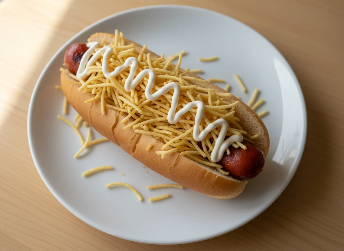 Perro caliente con papas fritas y mayonesa photo
