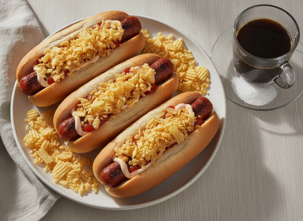 Perros calientes con papas tostadas y café con azúcar photo