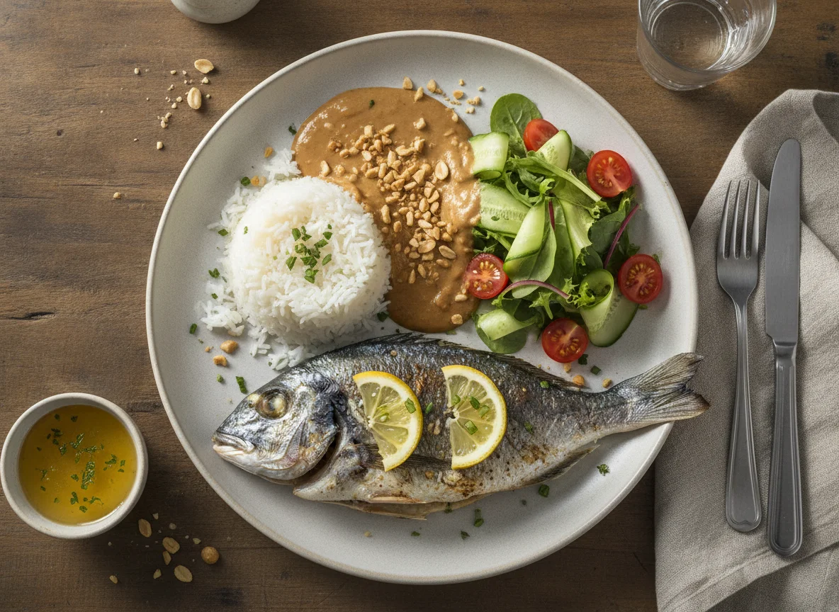 Pescado a la parrilla con arroz, ensalada y salsa de cacahuete photo