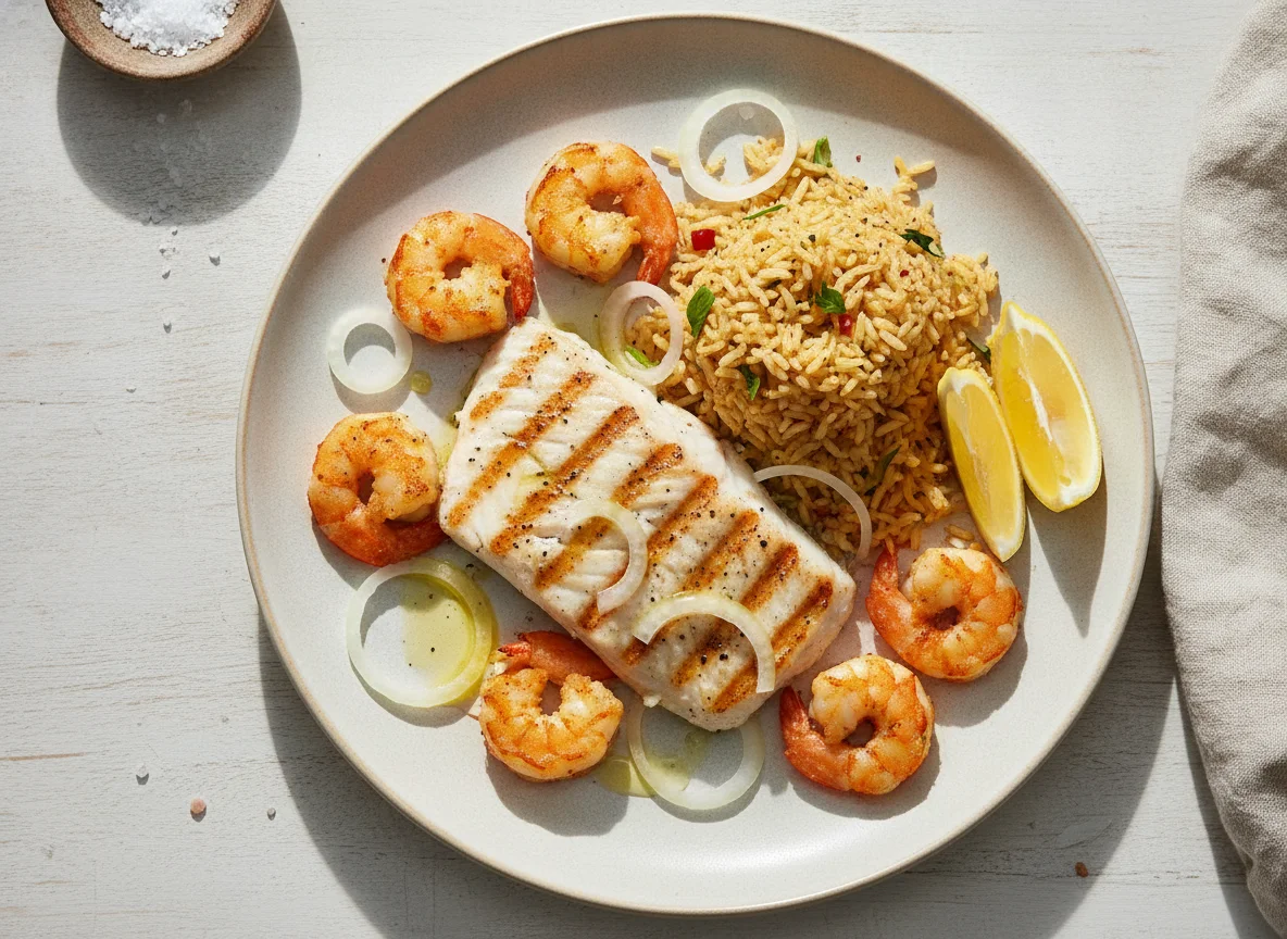 Pescado a la parrilla con arroz especiado y gambas photo