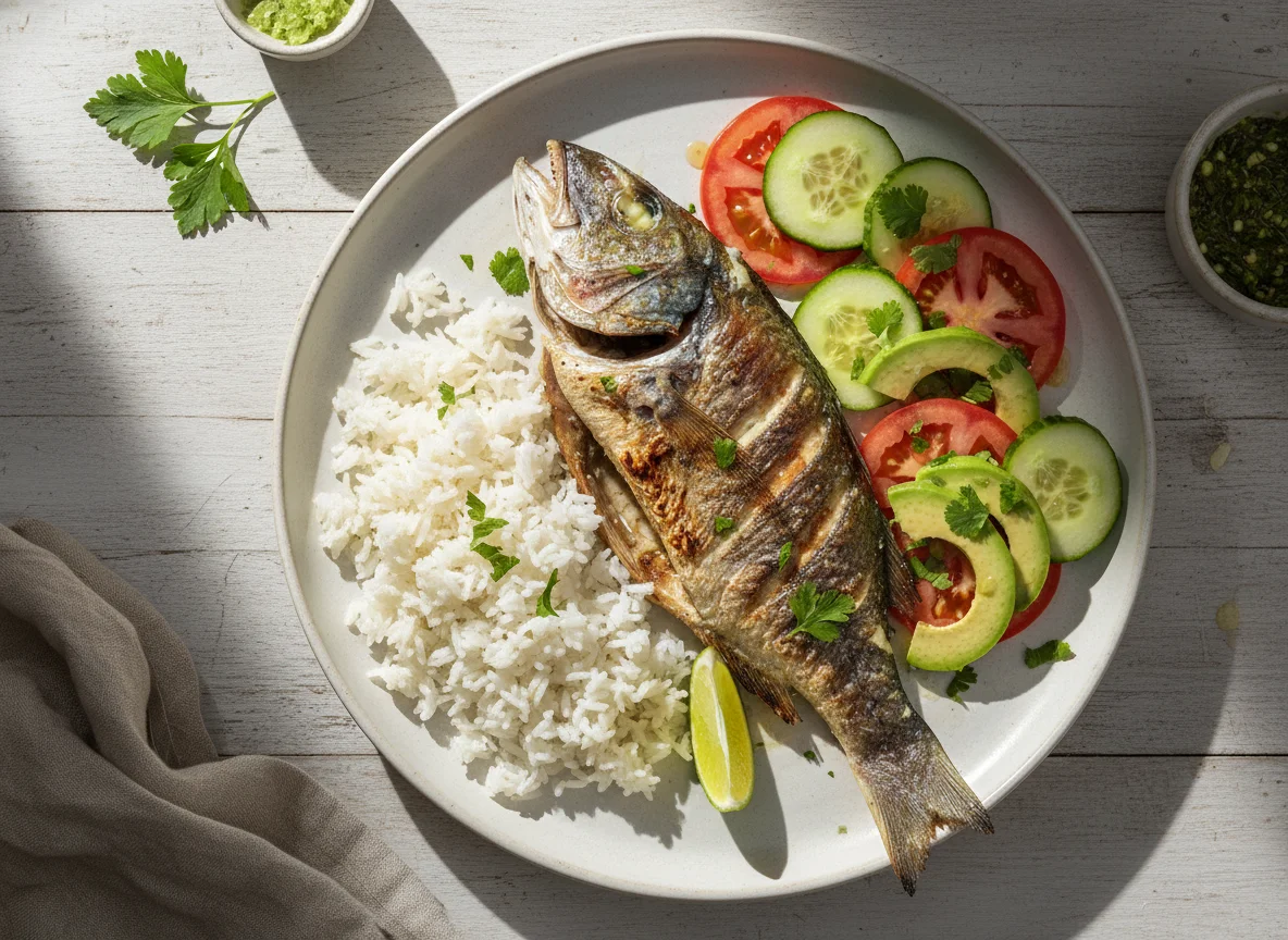 Pescado a la parrilla con arroz y ensalada photo