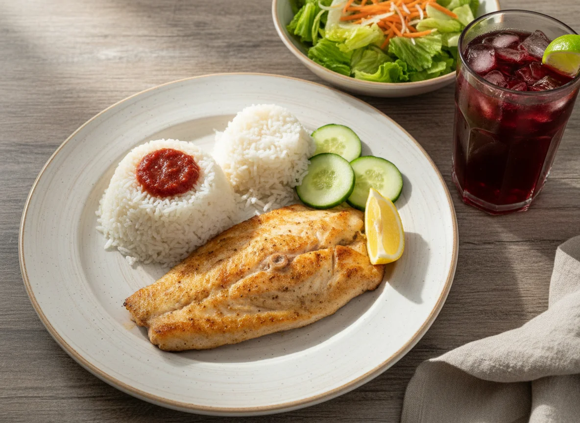 Pescado a la plancha con arroz, ensalada y pepino photo