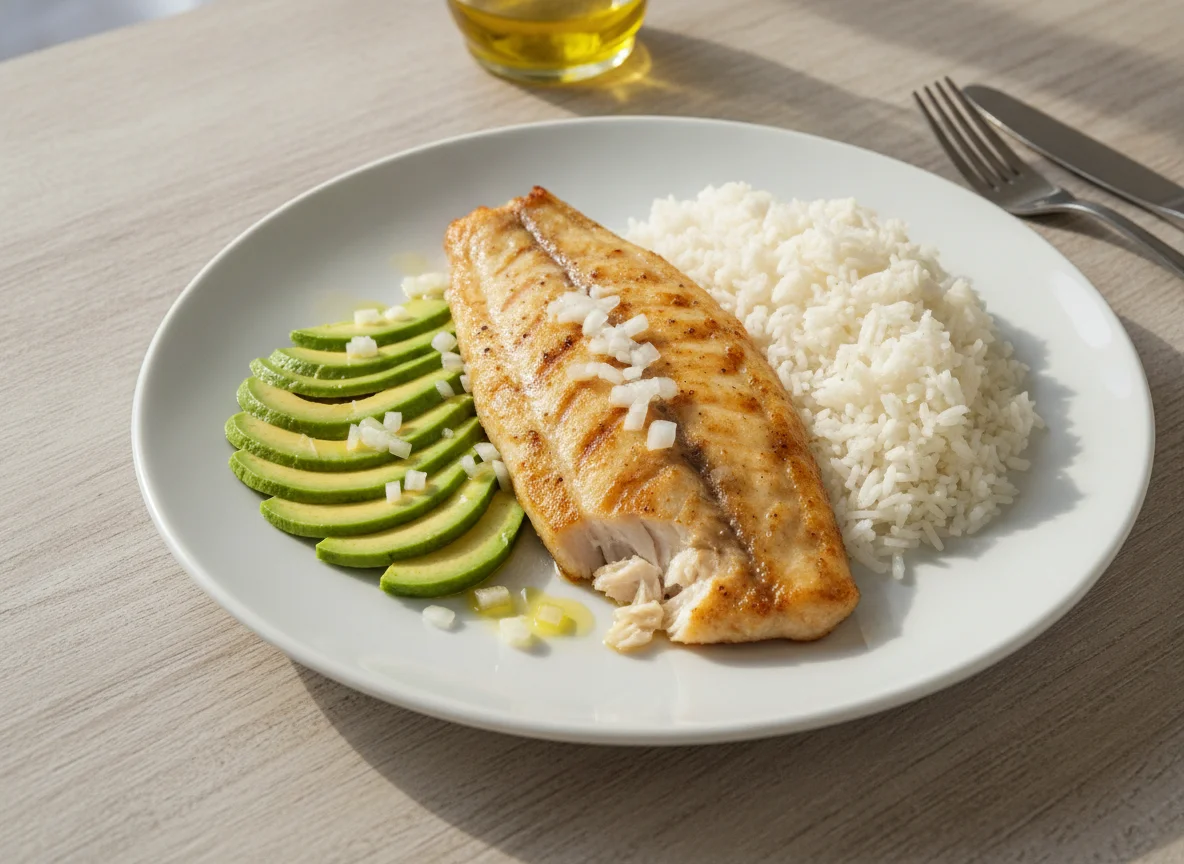 Pescado a la plancha con arroz y aguacate photo