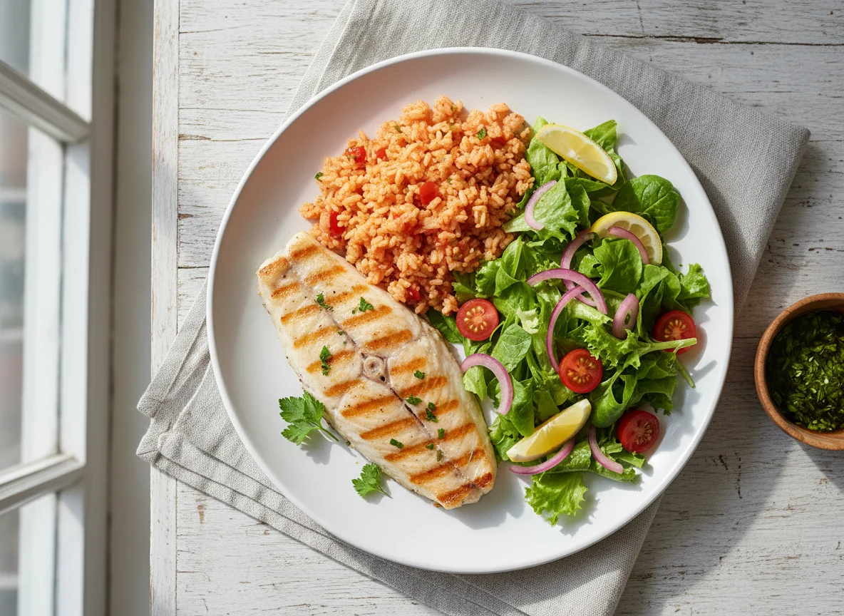 Pescado a la Plancha con Arroz y Ensalada photo