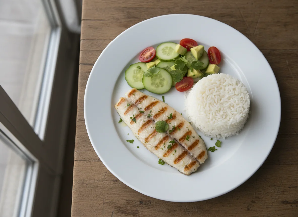 Pescado a la plancha con arroz y ensalada de palta photo