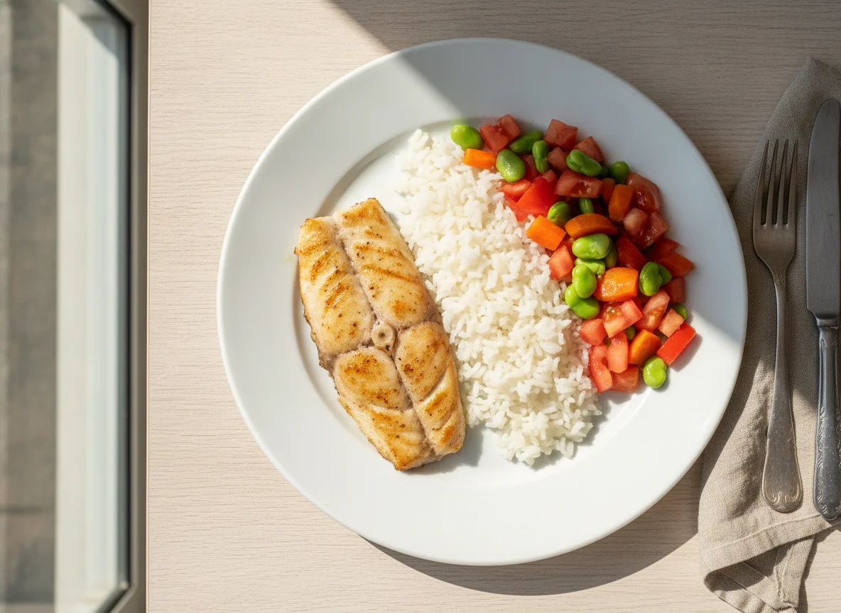Pescado a la plancha con arroz y ensalada de vegetales photo
