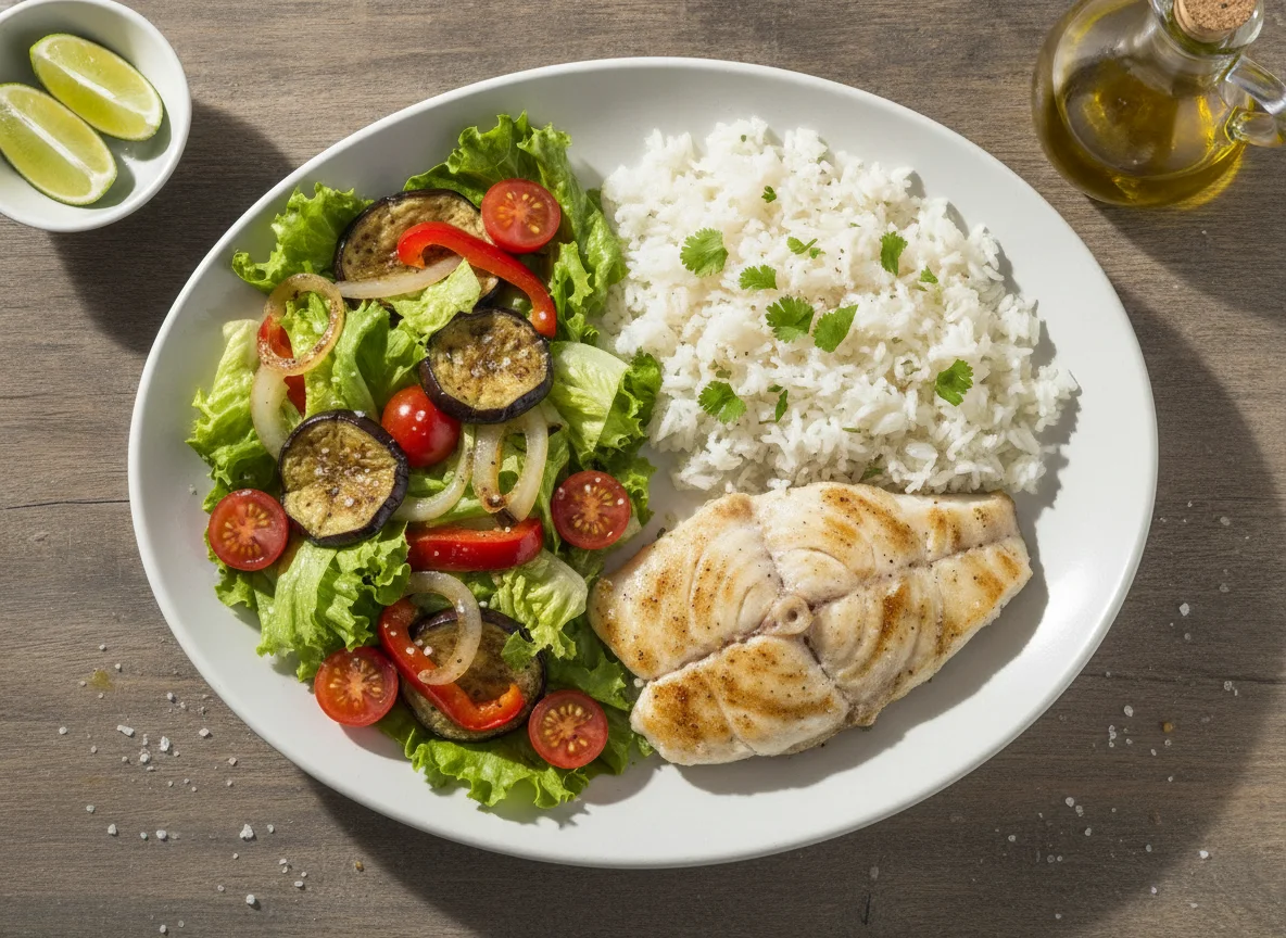 Pescado a la plancha con arroz y ensalada mixta photo