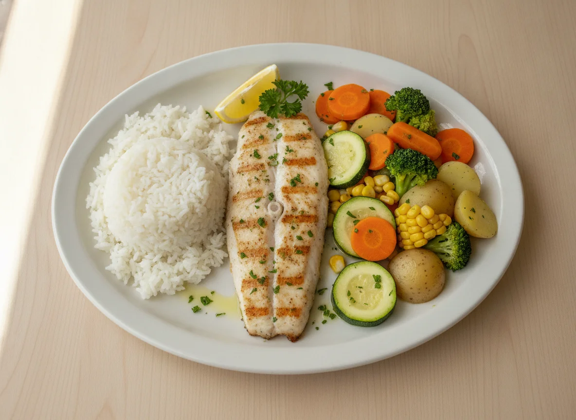 Pescado a la plancha con arroz y verduras al vapor photo