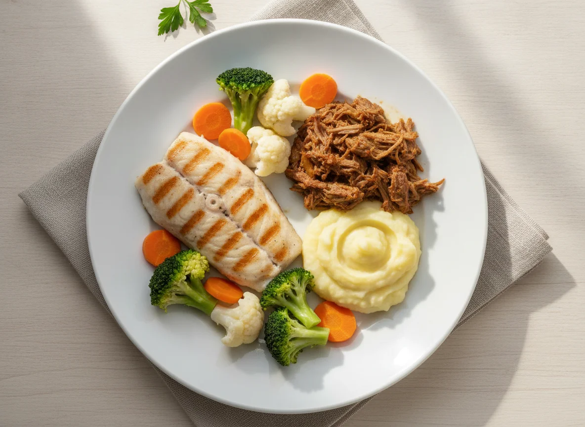 Pescado a la plancha con carne deshebrada, puré de papas y verduras photo