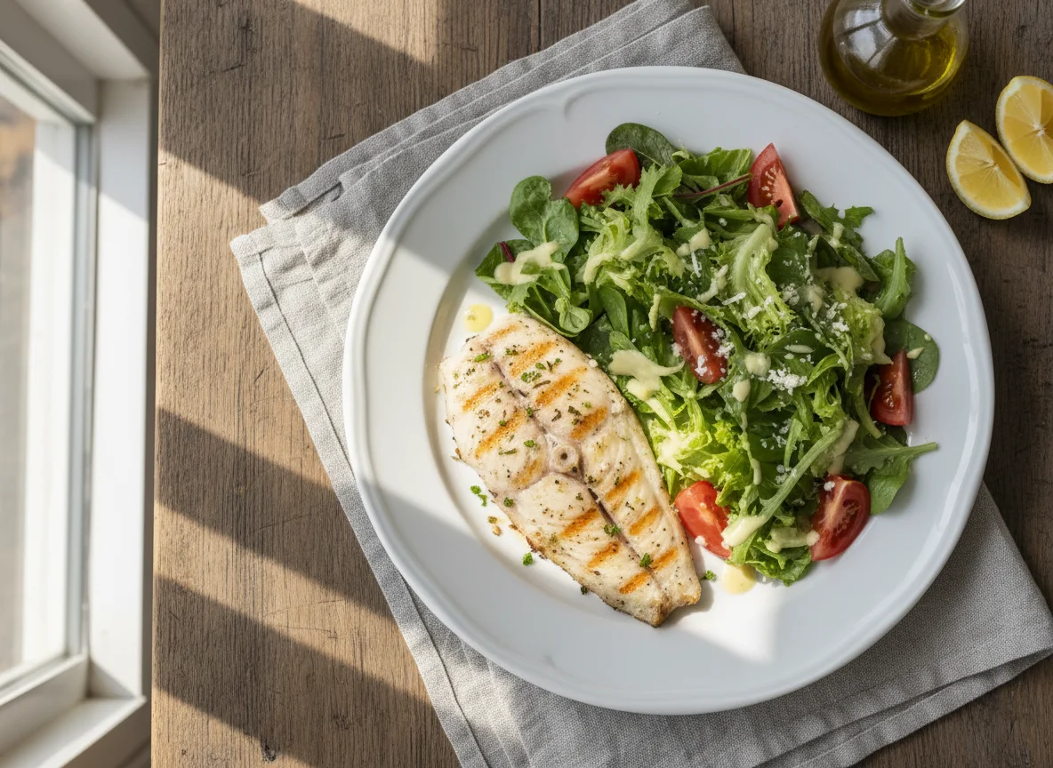 Pescado a la plancha con ensalada photo