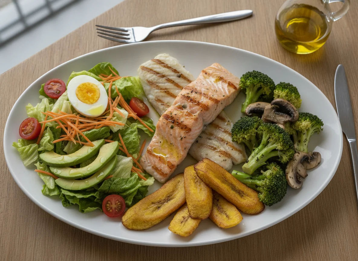 Pescado a la plancha con ensalada, brócoli y plátano frito photo