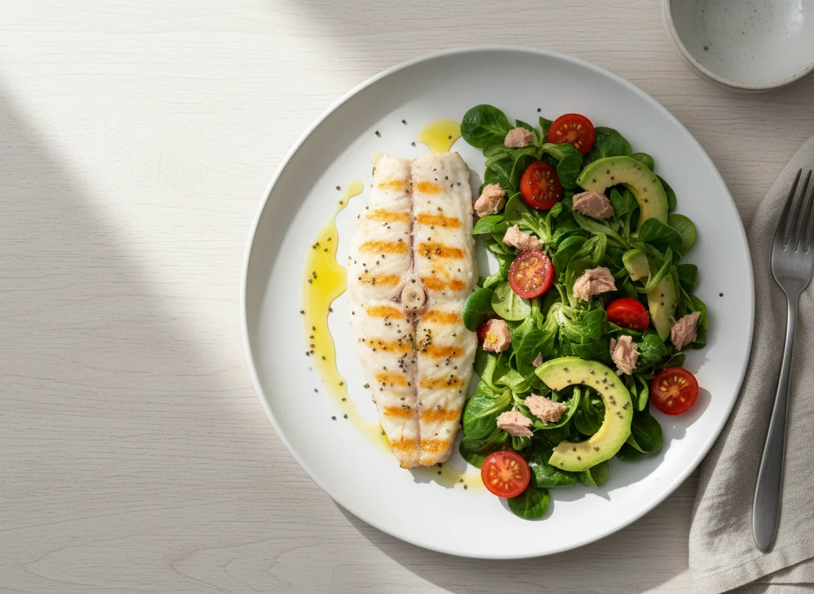 Pescado a la plancha con ensalada de atún y aguacate photo
