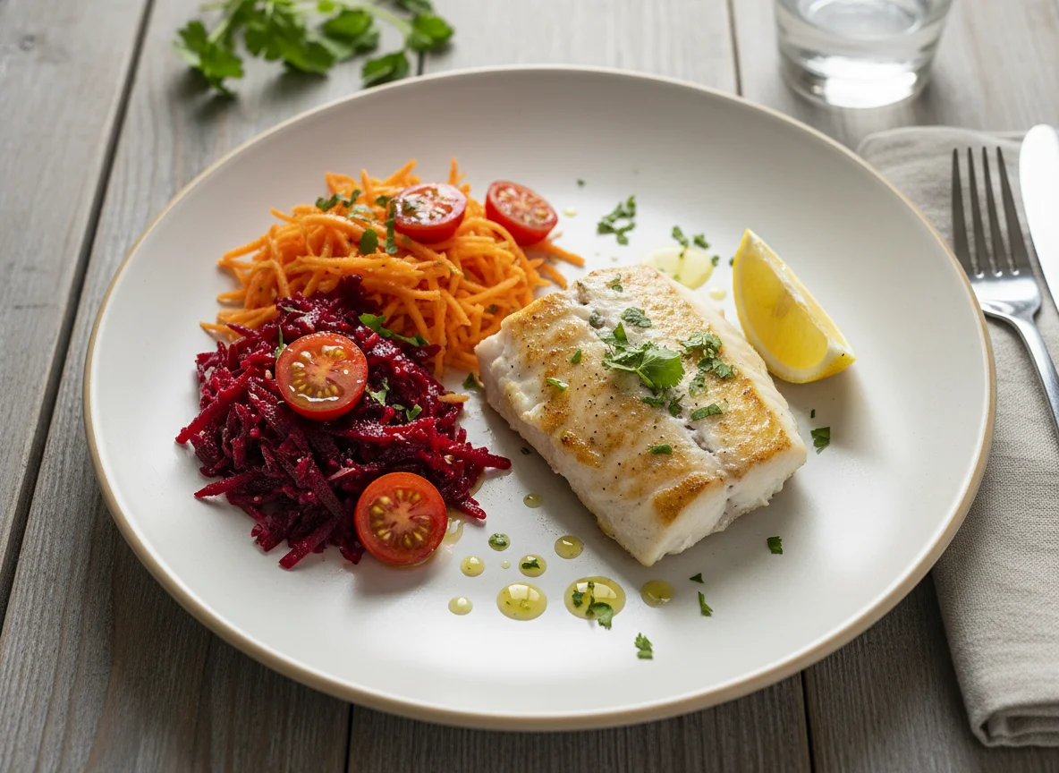 Pescado a la plancha con ensalada de zanahoria, remolacha y tomate photo