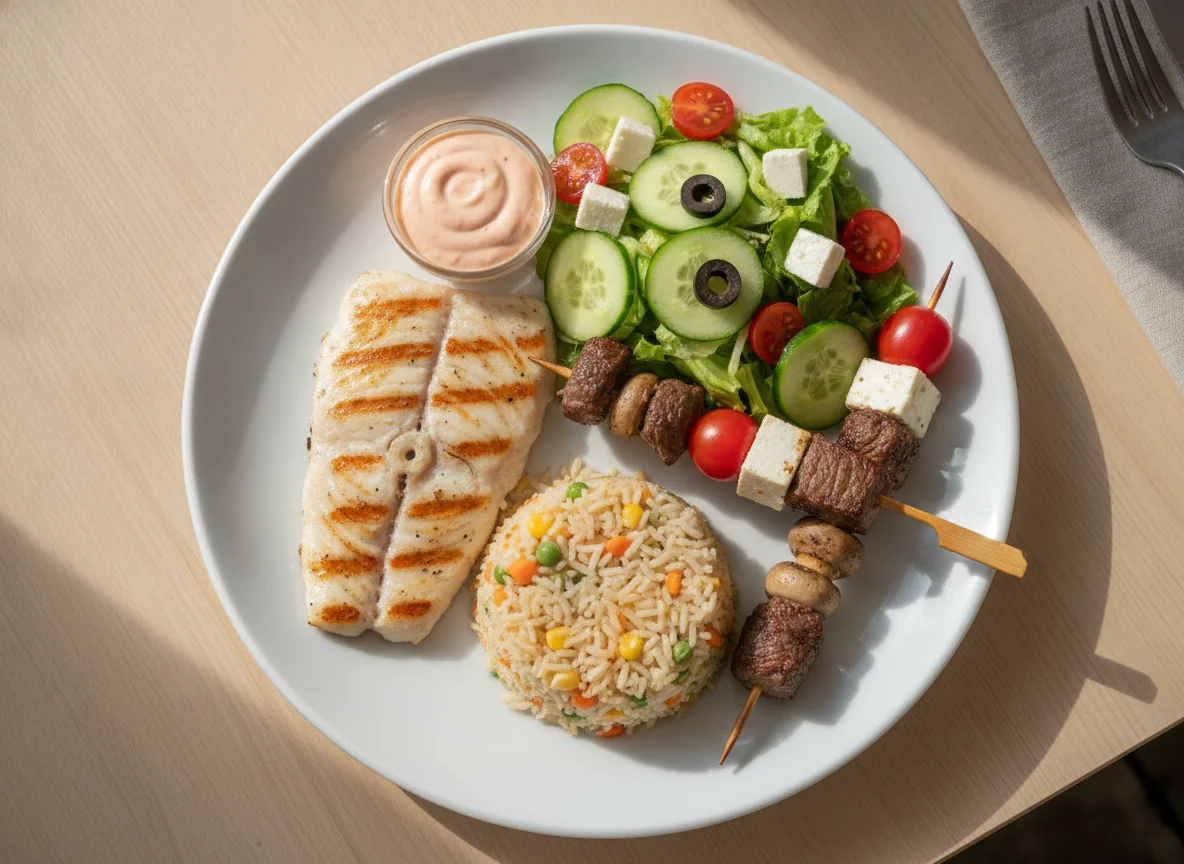 Pescado a la plancha con ensalada mixta y brochetas photo