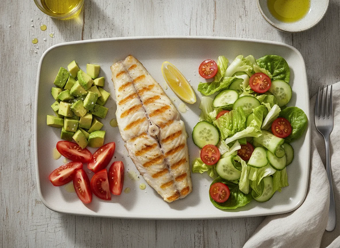 Pescado a la plancha con ensalada y guarnición de aguacate y tomate photo