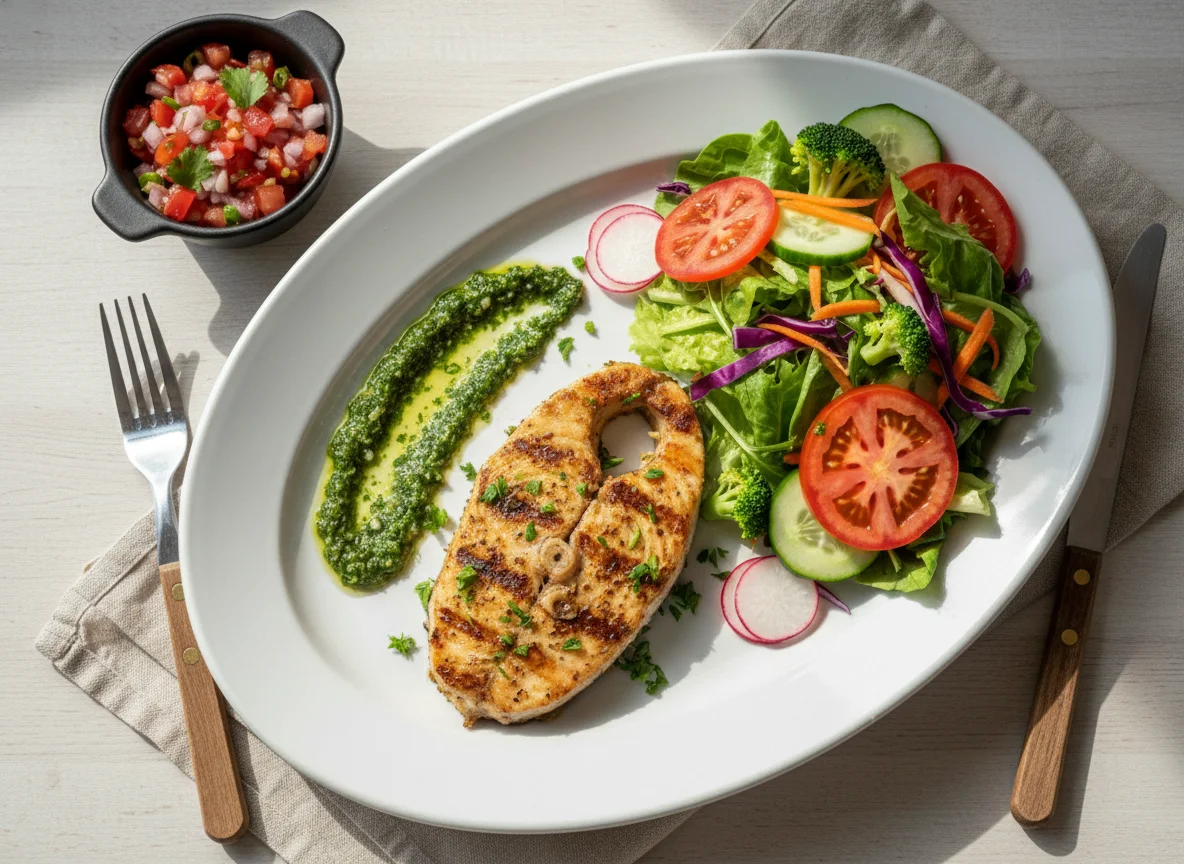 Pescado a la plancha con ensalada y pebre photo