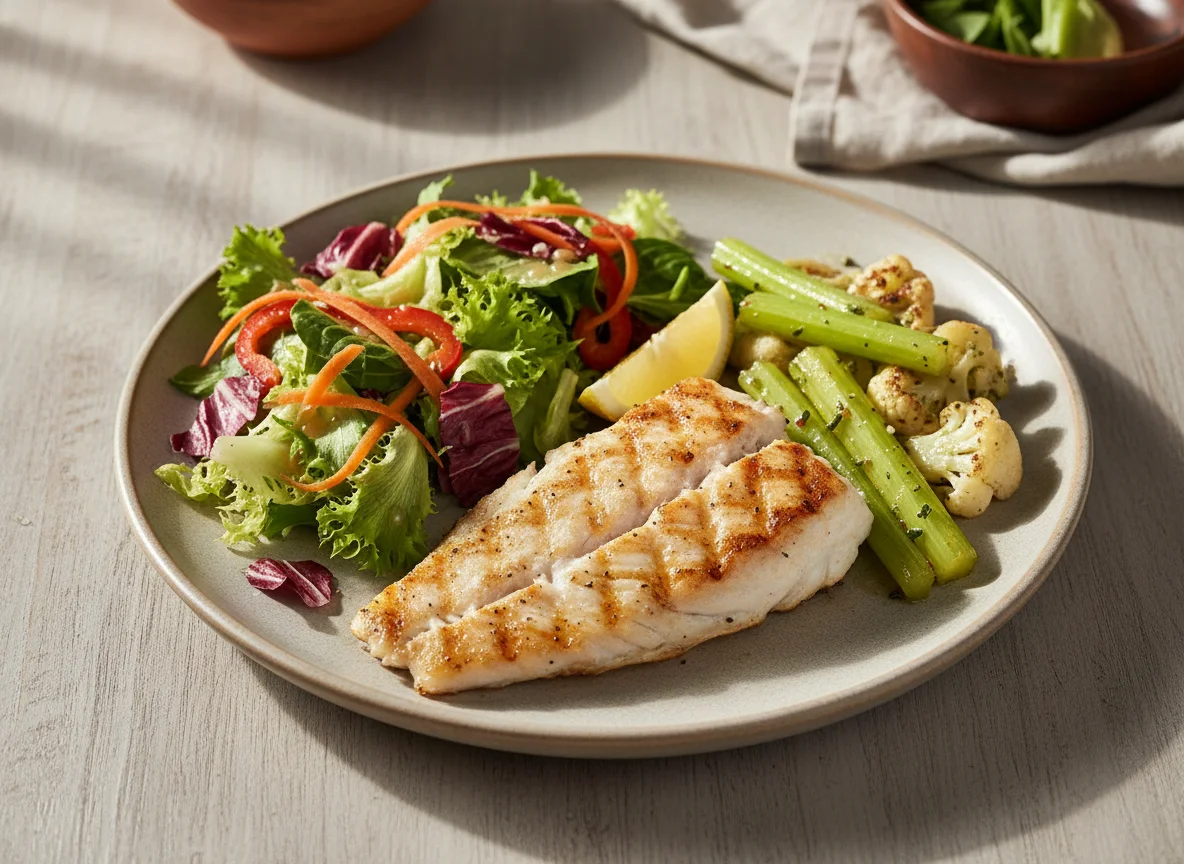 Pescado a la plancha con ensalada y vegetales salteados photo