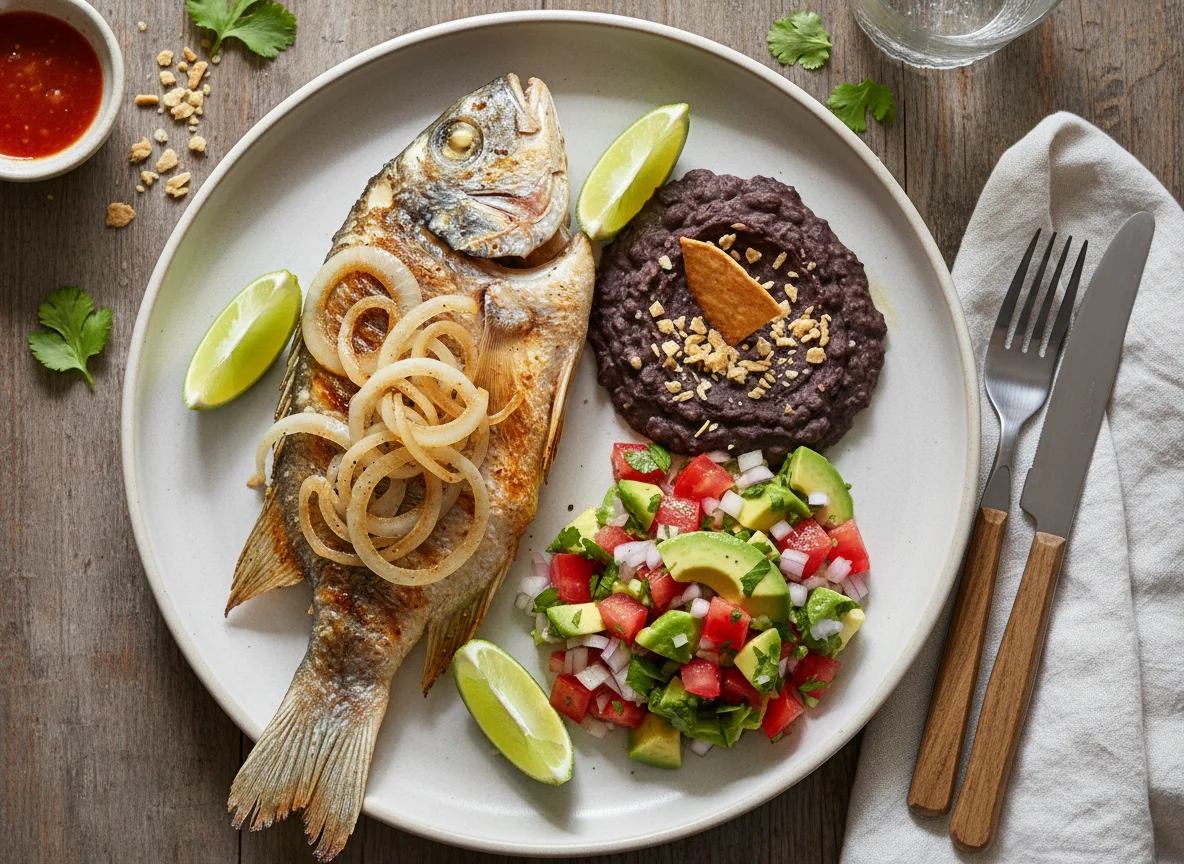 Pescado a la plancha con frijoles y pico de gallo photo