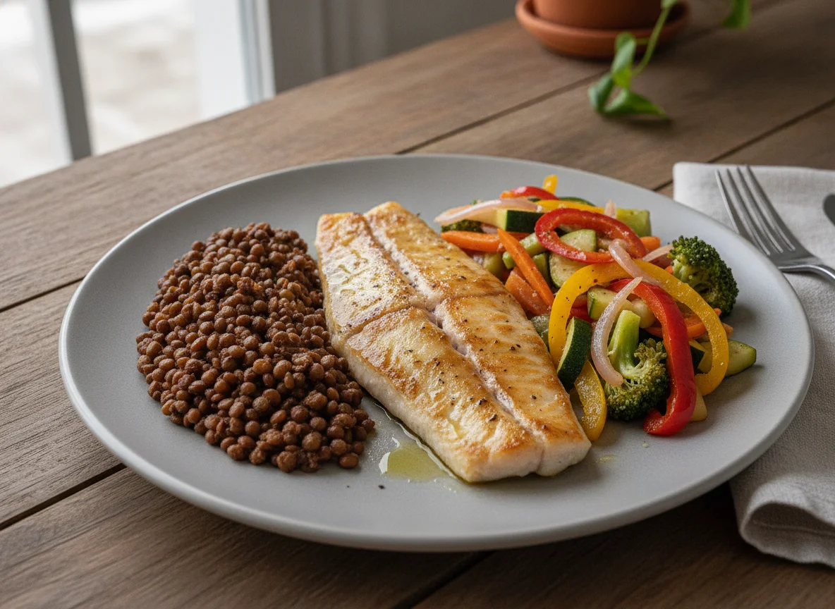 Pescado a la plancha con lentejas y vegetales salteados photo