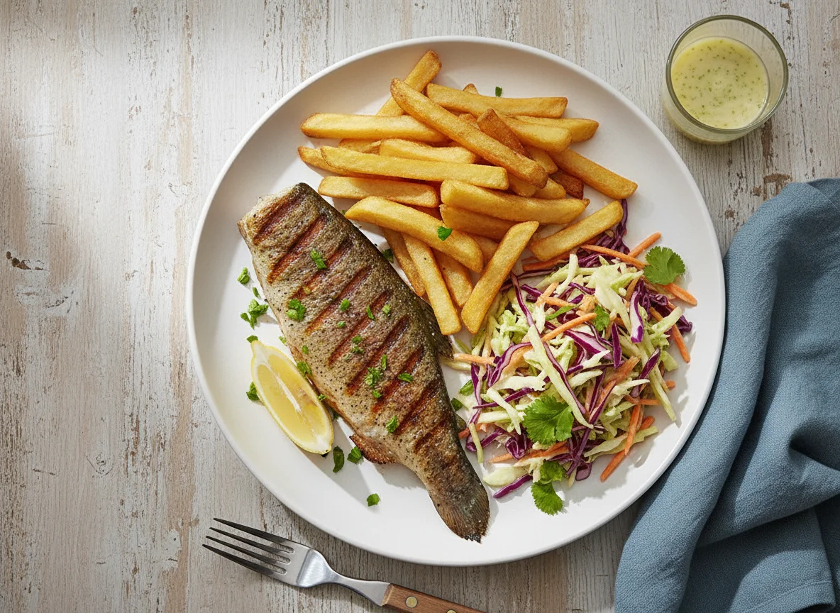 Pescado a la plancha con papas fritas y ensalada photo