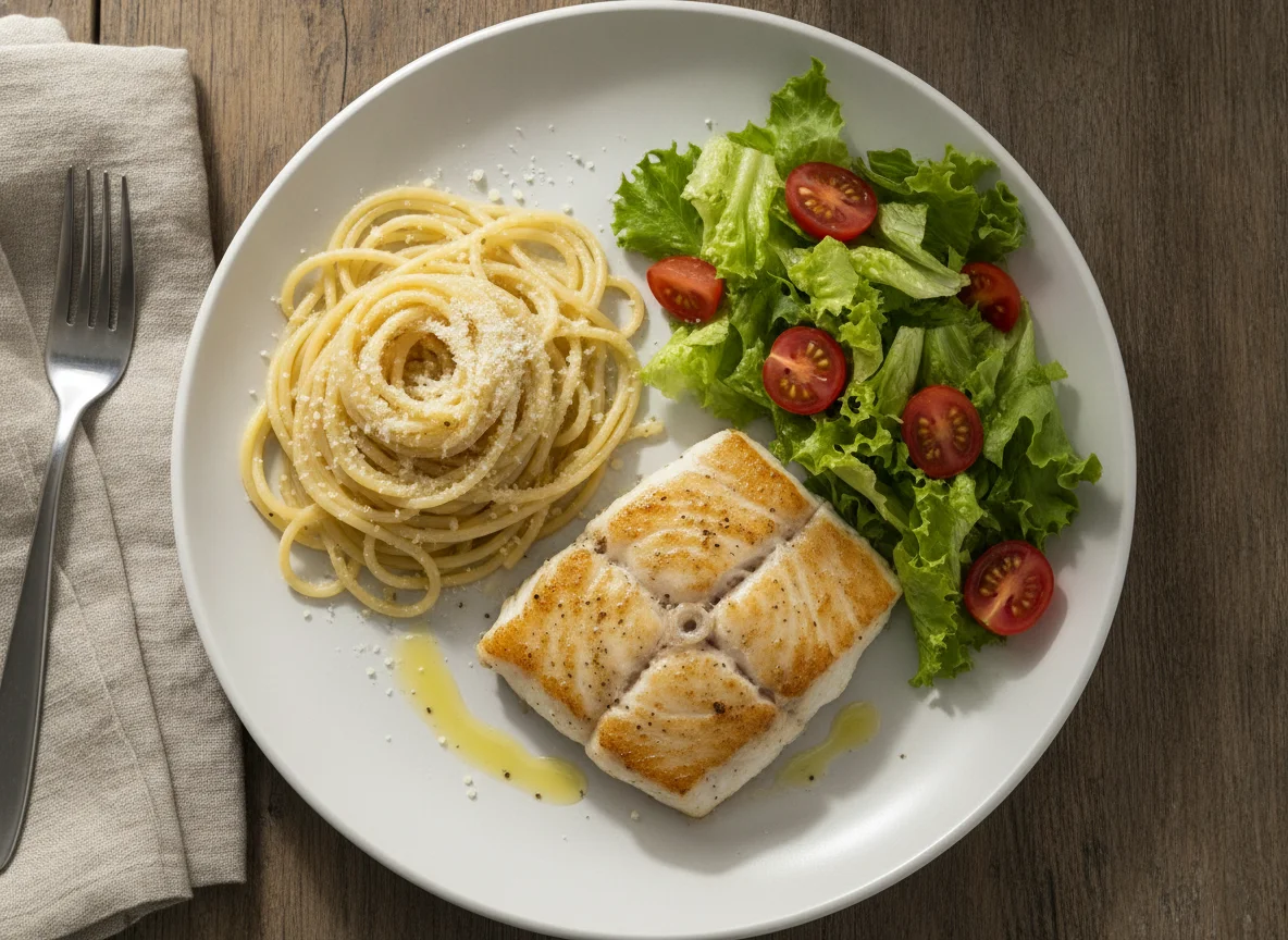 Pescado a la plancha con pasta y ensalada photo